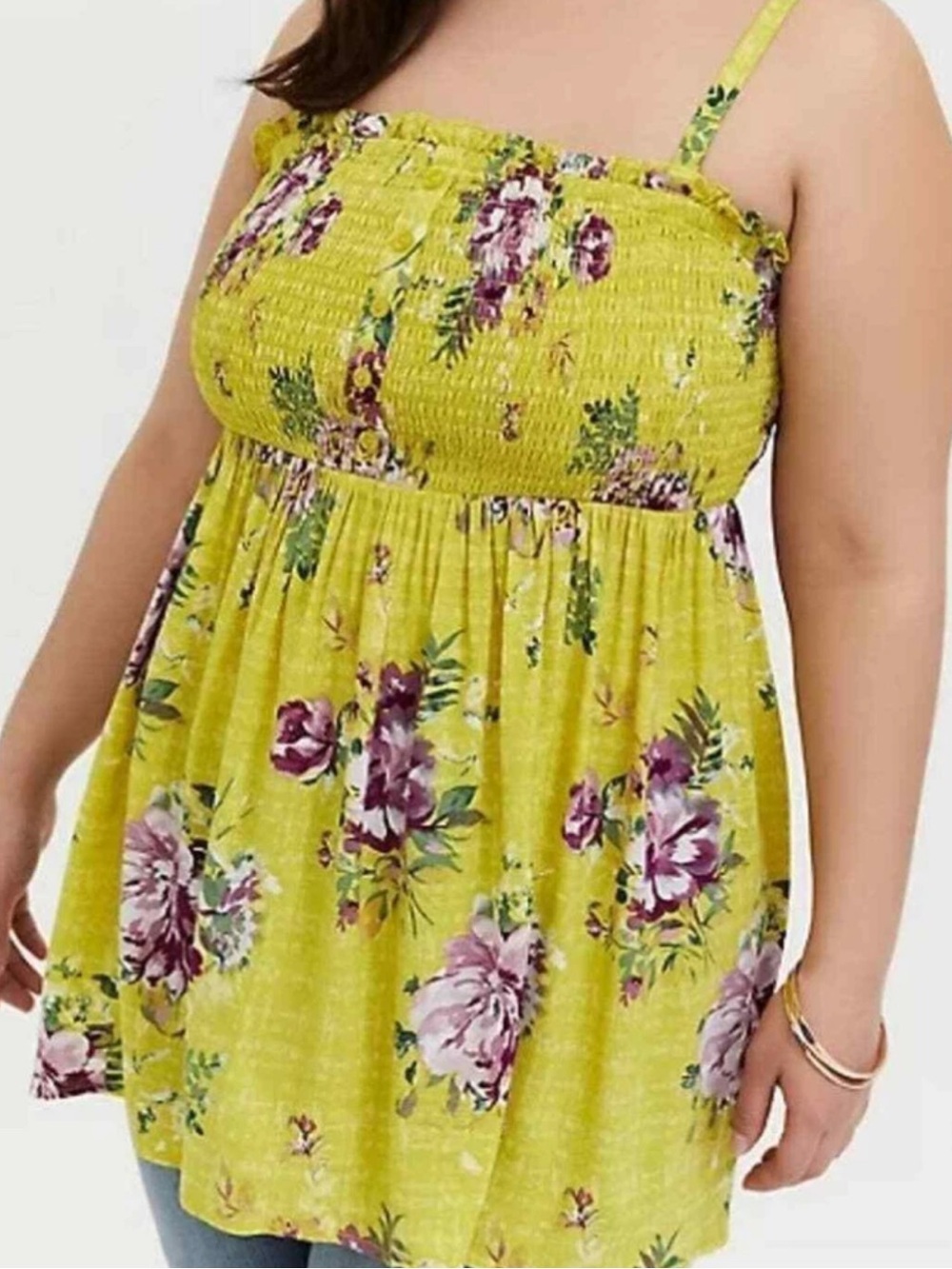 Torrid Yellow Floral Smocked Babydoll Cami Top